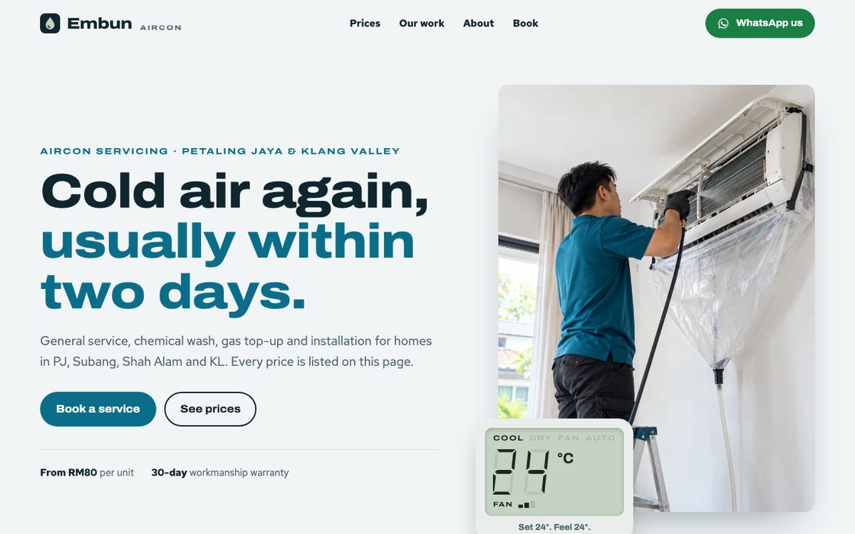 Embun Aircon homepage on a laptop: Cold air again, usually within two days, with Book a service and See prices buttons.
