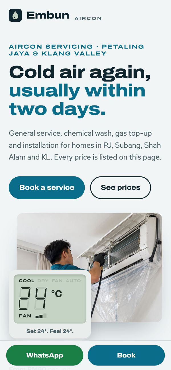 Embun Aircon on a phone with WhatsApp and Book buttons at the bottom.