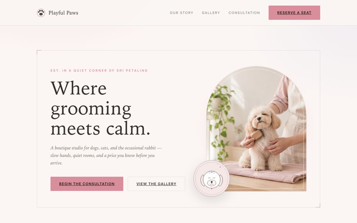 Playful Paws homepage: Where grooming meets calm, with a poodle being groomed.