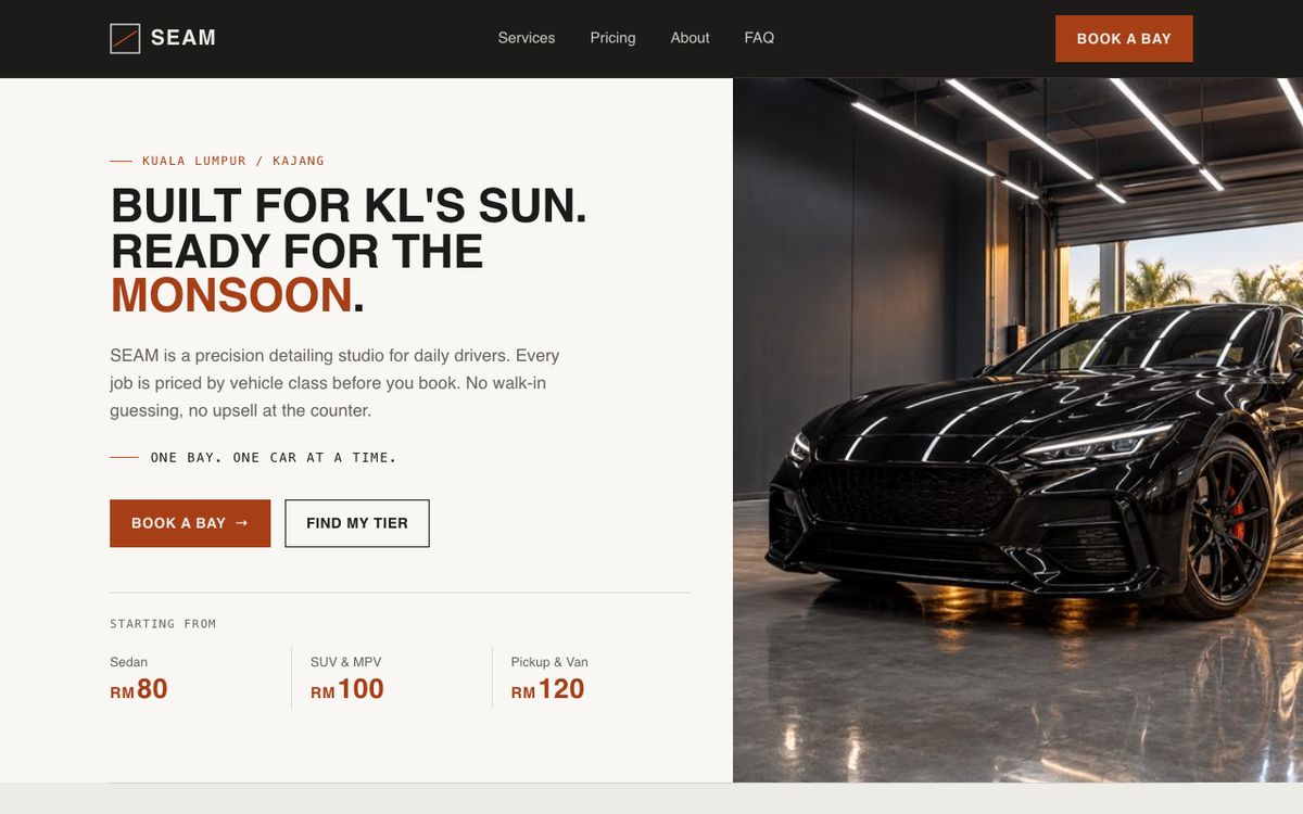 SEAM Detailing homepage: Built for KL's sun, ready for the monsoon, with starting prices for sedan, SUV and pickup.